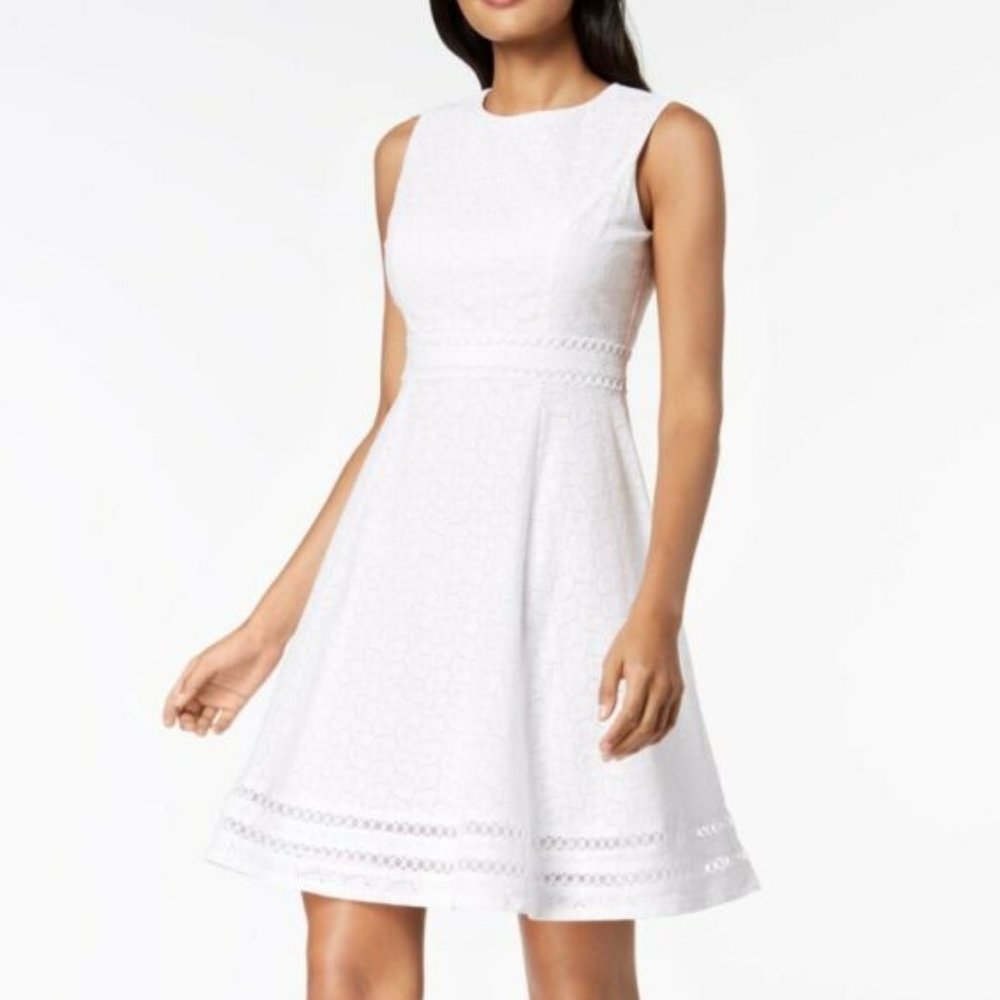 Calvin Klein Fit and Flare Dress White Eyelet 10